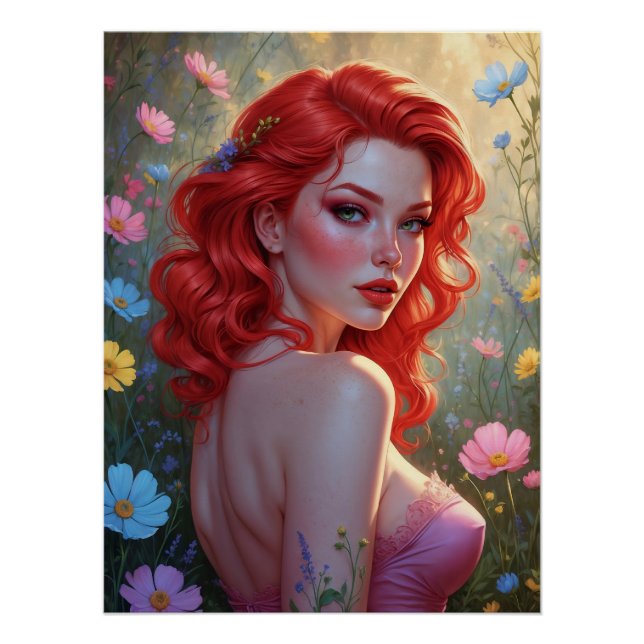 Rotes Pin-Up-Plakat in einem Blumenfeld Poster (Vorderseite)