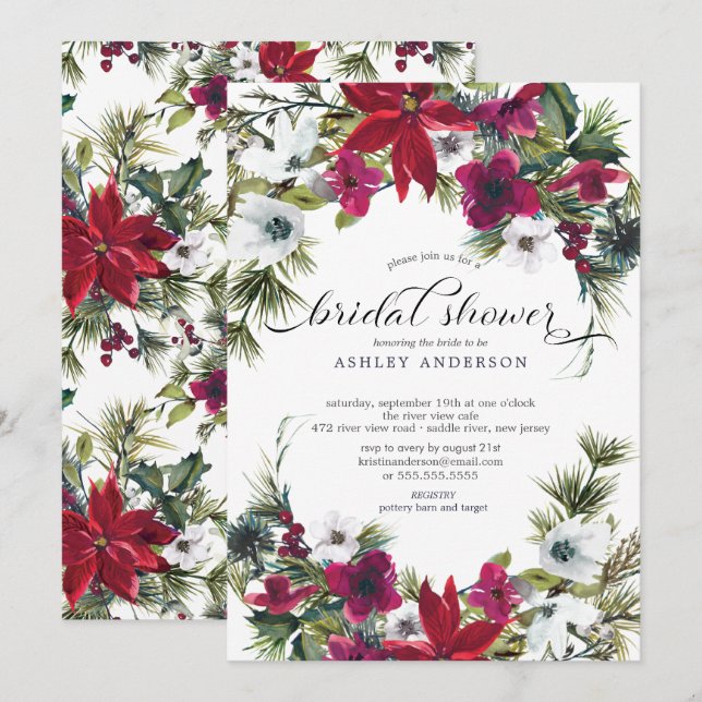Rotes Poinsettia-Holly-Brautparty Einladung (Vorne/Hinten)