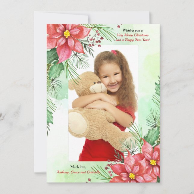 Rotes Poinsettias-Foto Feiertagskarte (Vorderseite)