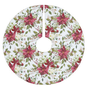 Rotes Poinsettienmuster auf Weiß Polyester Weihnachtsbaumdecke