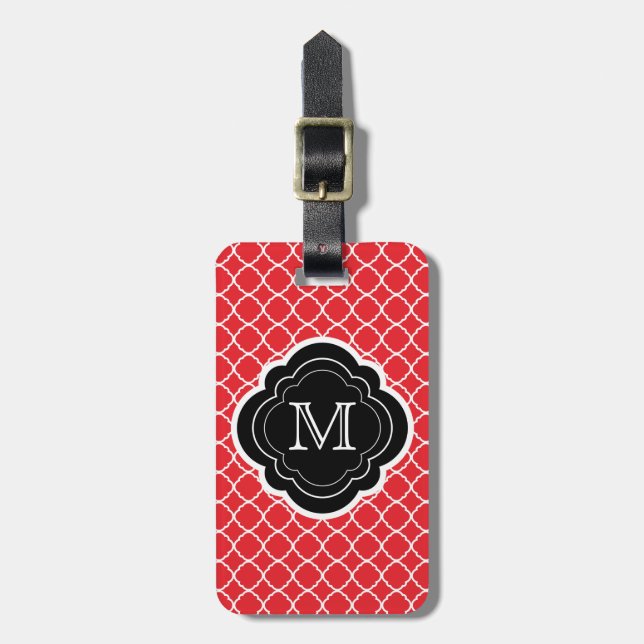 Rotes Quatrefoil mit schwarzem Monogramm Gepäckanhänger (Vorderseite vertikal)