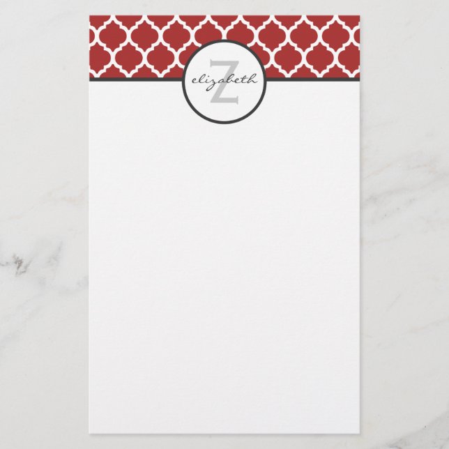 Rotes Quatrefoil Monogramm Briefpapier (Vorderseite)
