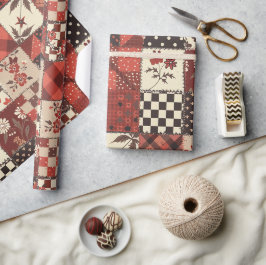 Rotes Quilt-Gingham-Cottagecore-Blumenmuster Geschenkpapier