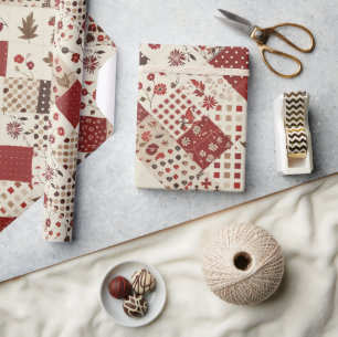 Rotes Quilt-Gingham-Cottagecore-Blumenmuster Geschenkpapier