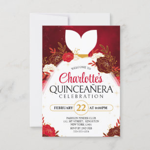Rotes Quinceanera-Blumenweiß-Prinzessinnenkleid Einladung