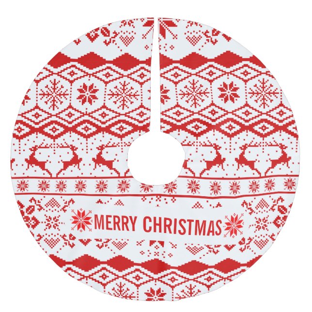 Rotes Reindeer-Knittermuster Polyester Weihnachtsbaumdecke (Vorderseite)