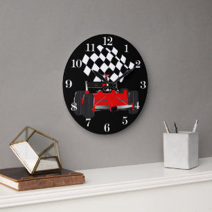 Rotes Rennfahrzeug mit kontrollierter Flagge Große Wanduhr