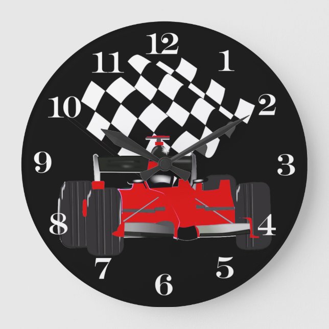 Rotes Rennfahrzeug mit kontrollierter Flagge Große Wanduhr (Vorderseite)