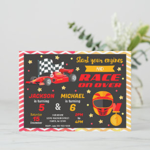 Rotes Rennwagen Gemeinsamer Geburtstag   Retro F1  Einladung