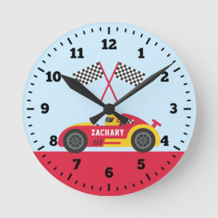 Rotes Rennwagen-Rennfahrer-Jungen-Bett-Wanddekor Runde Wanduhr