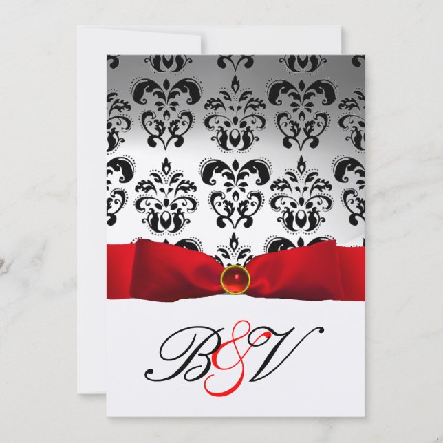 ROTES RIBBON SILVER SCHWARZES DAMASK-MONOGRAMM EINLADUNG (Vorderseite)