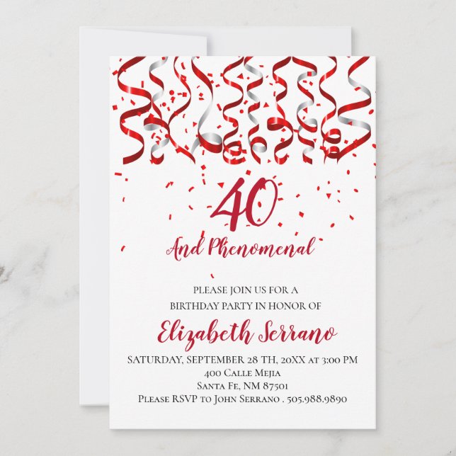 Rotes Ribbon und Confetti 40. Geburtstag Party Einladung (Vorderseite)