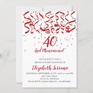 Rotes Ribbon und Confetti 40. Geburtstag Party Einladung