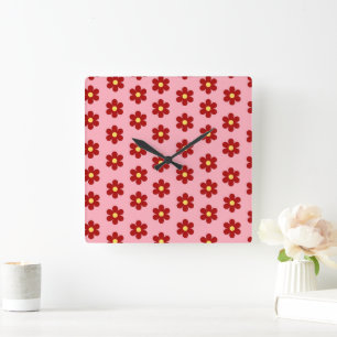 Rotes Rosa Fettes Y2K Wildblumen Lebendige Heimdek Quadratische Wanduhr