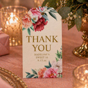 Rotes rosa florales Sweet 16 Geschenkanhänger