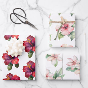 Rotes rosa tropisches Hibiskus-Plumeria-Blumen-Hoc Geschenkpapier Set