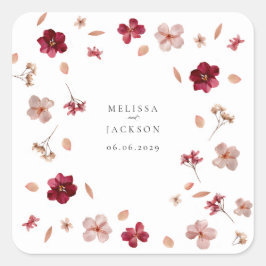 Rotes Rosa und Creme, blumengeschmücktes Hochzeits Quadratischer Aufkleber