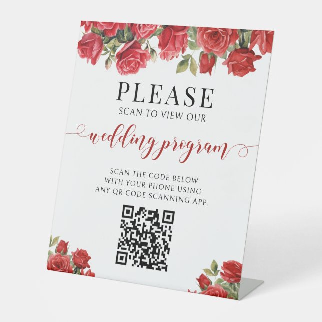 Rotes Rosenblumen-QR-Code-Hochzeitsprogramm  Sockelschild (Vorderseite)
