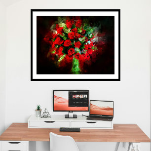 Rotes Rosenbouquet Aquarell auf schwarzem Hintergr Fotodruck