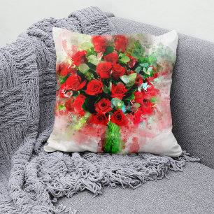 Rotes Rosenbouquet Aquarell auf weißem Hintergrund Kissen