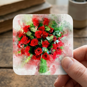 Rotes Rosenbouquet Aquarell auf weißem Hintergrund Quadratischer Aufkleber