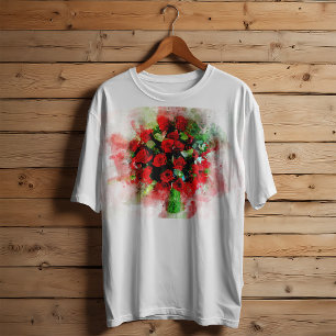 Rotes Rosenbouquet Aquarell auf weißem Hintergrund T-Shirt
