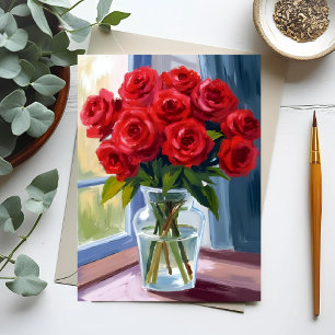 Rotes Rosenbouquet-Blumenvase Aquarell Postkarte