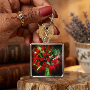 Rotes Rosenbouquet Wasserfarbe auf schwarzem Hinte Schlüsselanhänger