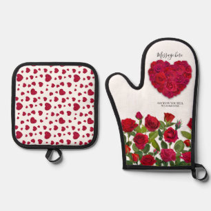 Rotes Rosenherz Romantisches Florales Benutzerdefi Ofenhandschuh & Topflappen-Set