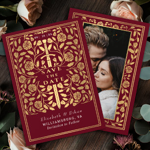 Rotes Royal Medieval Sword Hochzeitssemble Foto Save The Date