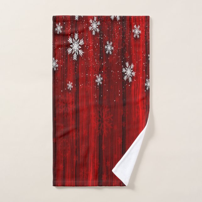 Rotes rustikales Holz, Schneeflocken Weihnachten Badhandtuch Set (Handtuch)