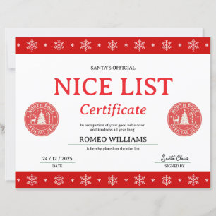 Rotes Santa-Nice-List-Weihnachts-Auszeichnungszert