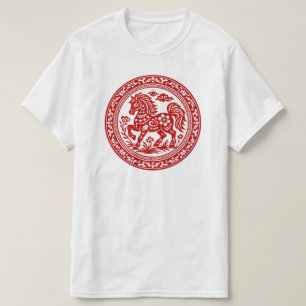 Rotes Scherenschnitt-Pferd Traditionelle Kunst T-Shirt