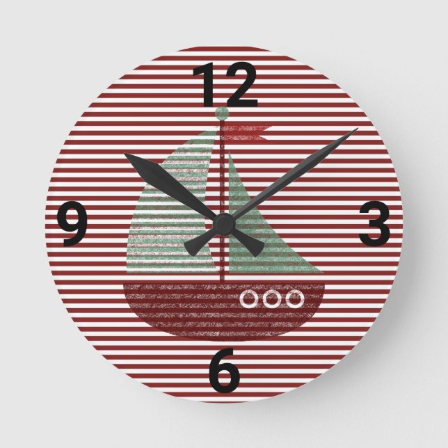 ROTES SCHIFF MIT NAUTISCHER SEGELUNG RUNDE WANDUHR (Vorderseite)