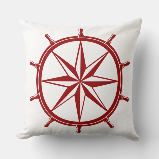 Rotes Schiffs-nautischrad auf Weiß Kissen (Vorderseite)