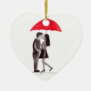 Rotes Schirmpaar in Liebe Keramik Ornament