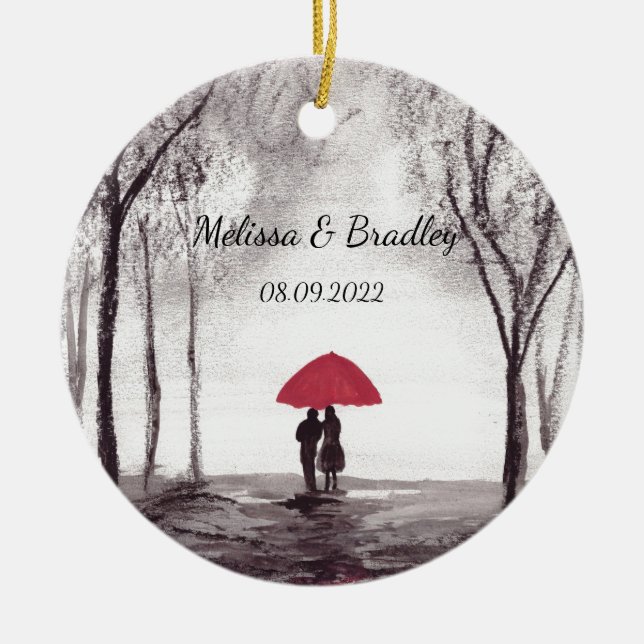 Rotes Schirmpaar Liebe Hochzeit Keramik Ornament (Vorne)