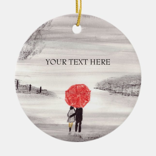 Rotes Schirmpaar Liebe Postkarte Keramik Ornament (Vorne)