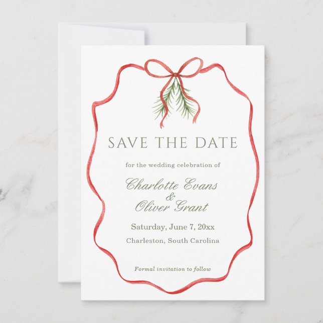 Rotes Schleifenband Winter Save The Date (Vorderseite)