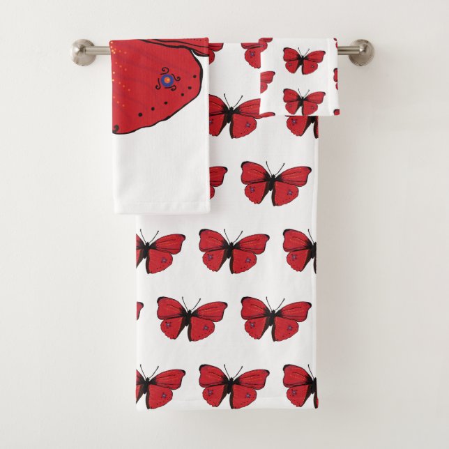 Rotes Schmetterlings-Zeichnen Badhandtuch Set (Insitu)