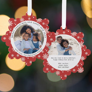 Rotes Schneeflocken-Weihnachtsfamilienfoto-Andenke Ornament Karte