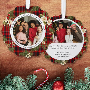 Rotes Schottenmuster-Weihnachtsfamilienfoto-Blumen Ornament Karte