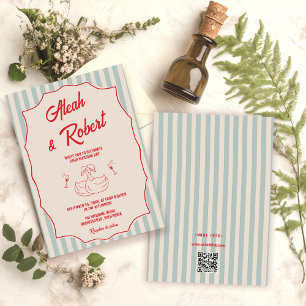 Rotes Schrift Blau Streifen QR-Code Retro-Hochzeit Einladung