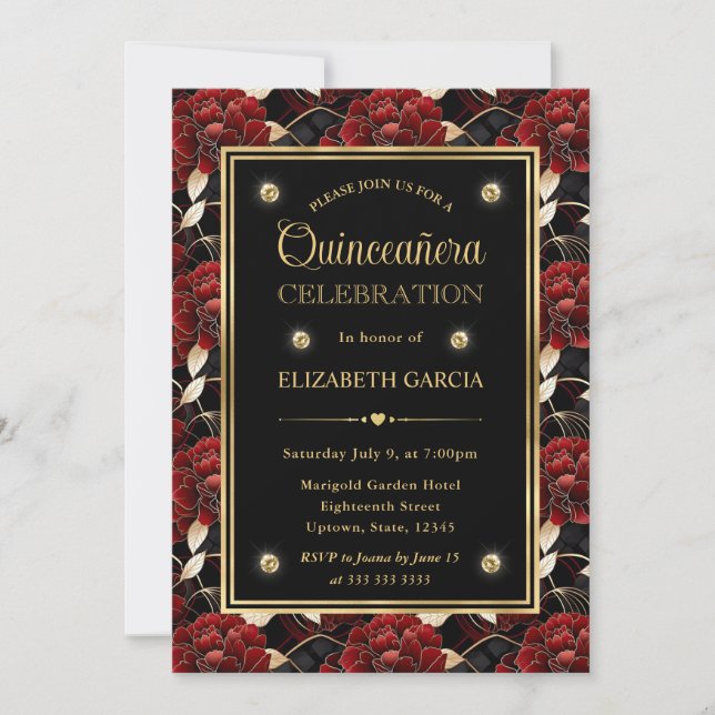 Rotes Schwarz und Goldmarmor Blumenquinceanera Einladung (Vorderseite)