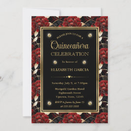 Rotes Schwarz und Goldmarmor Blumenquinceanera Einladung