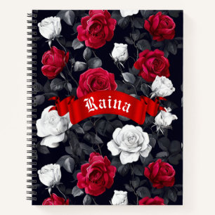 Rotes Schwarz und Weiße Rosen Goth Notizbuch