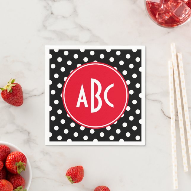 Rotes Schwarz-Weiß-Polka-Dot-Monogramm Serviette (Beispiel)