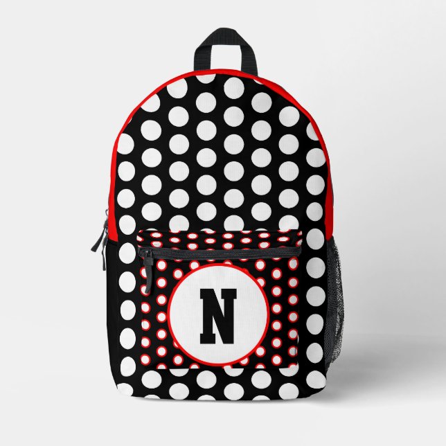 Rotes Schwarz-weißes Polka Dots Monogramm Bedruckter Rucksack (Vorderseite)