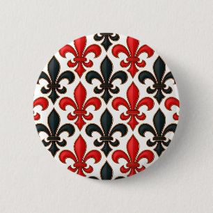 Rotes Schwarzes Barock Fleur-de-lis-Muster Button
