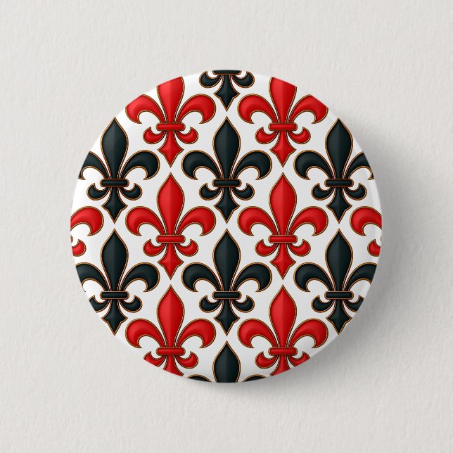 Rotes Schwarzes Barock Fleur-de-lis-Muster Button (Vorderseite)